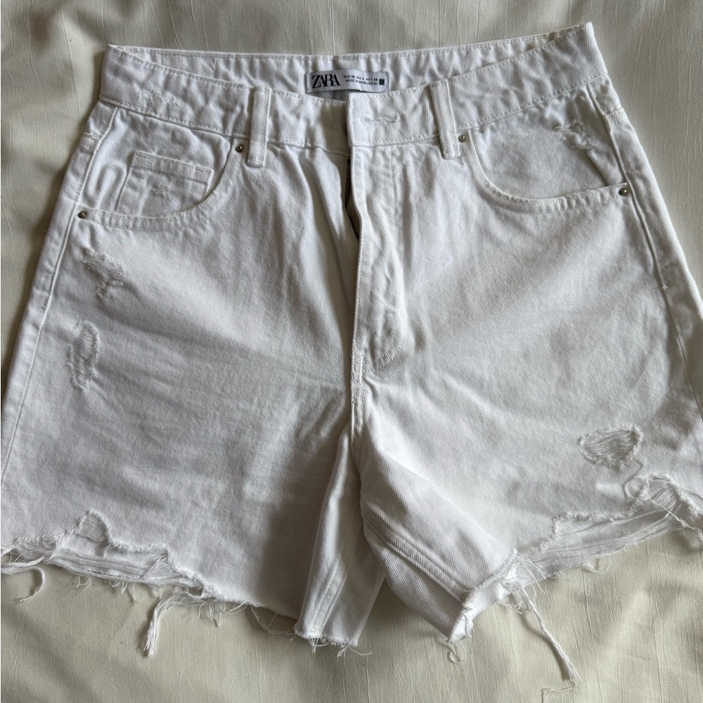 Zara White Jean Shorts Distressed High-Waisted